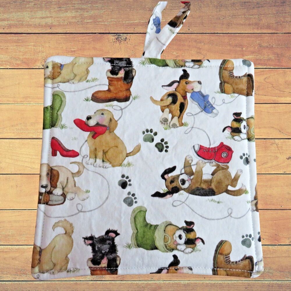 Handmade Potholder, Puppies and Shoes